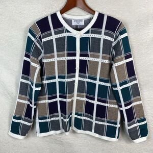 Vtg‎ 90s Alfred Dunner Cardigan Sweater Womens Size M Colorful Plaid Acrylic USA
